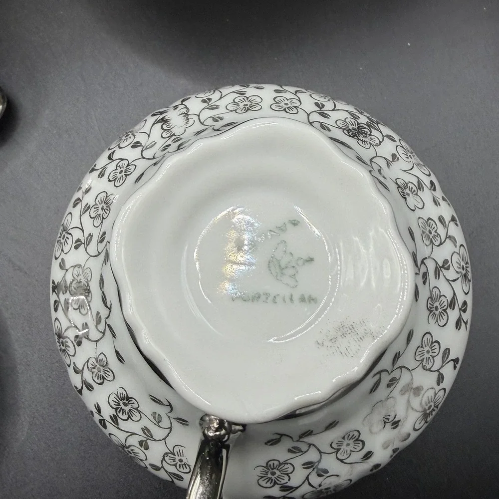 Black And Silver Floral Bavarian Teapot & 4 Teacup Set